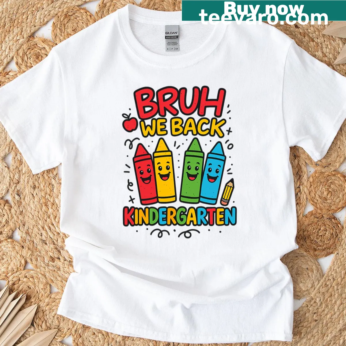 Kindergarten-themed t-shirt featuring crayon designs and funny text — on a men's t-shirt