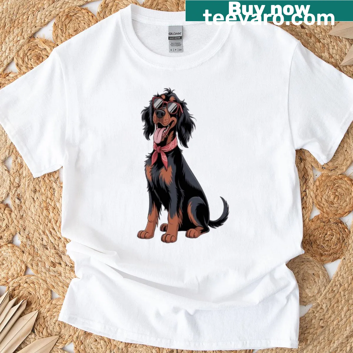 Cartoon Gordon Setter dog t-shirt with humorous design — on a men's t-shirt