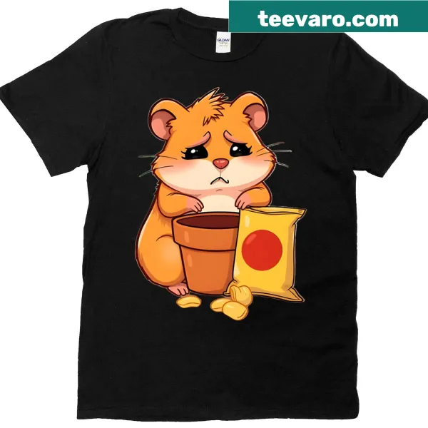Cartoon hamster in a failed garden with potato chips illustration