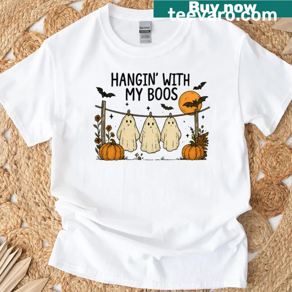Cute Halloween t-shirt with hanging ghosts and 'Hangin With My Boos' text