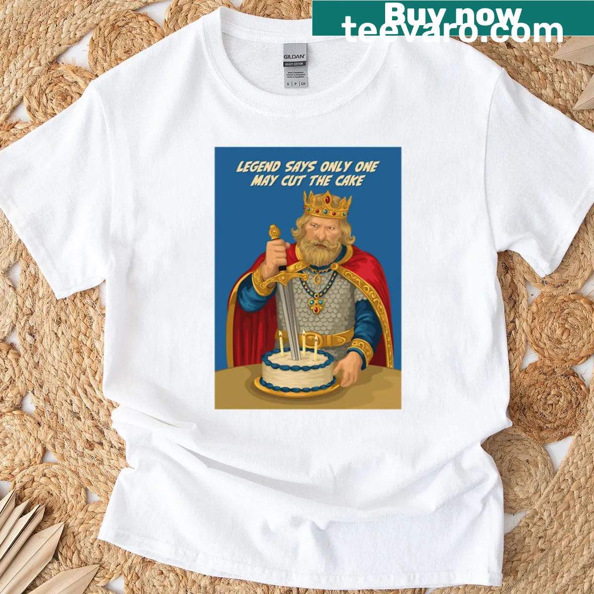 Humorous t-shirt featuring Excalibur and birthday cake illustration — on a men's t-shirt