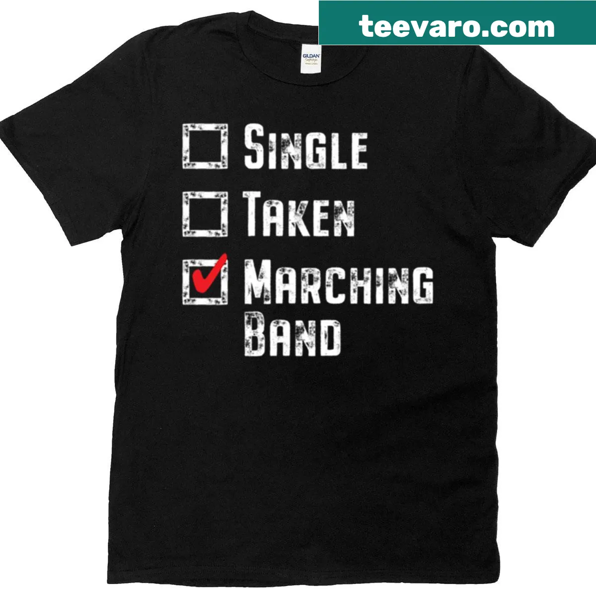 White print t-shirt featuring a funny marching band relationship status checklist. — on a men's t-shirt