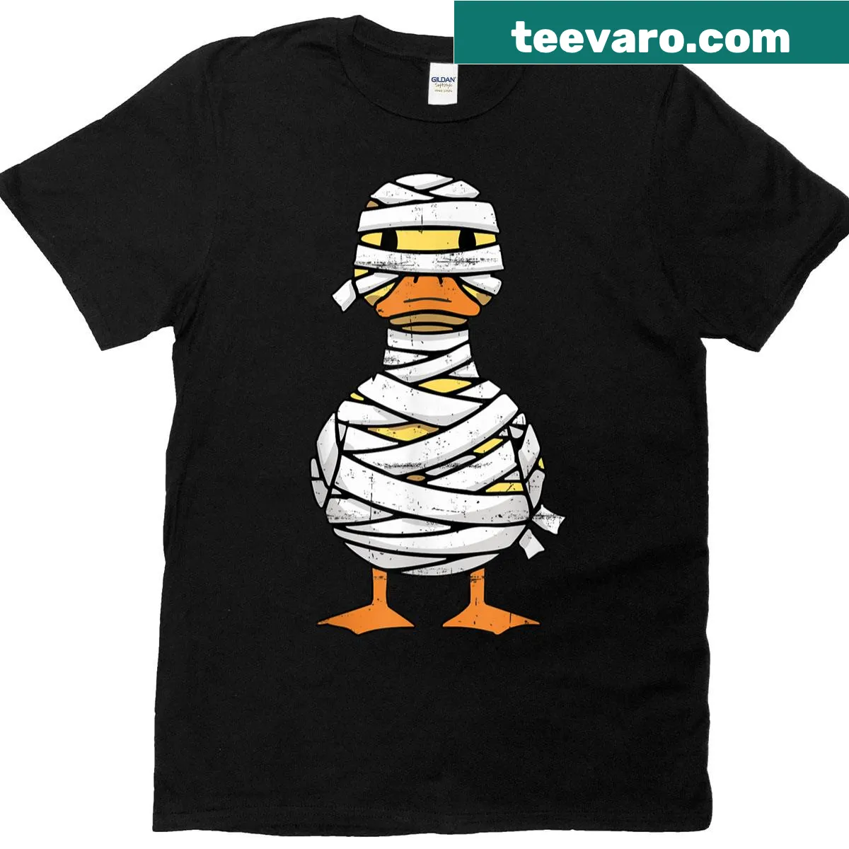 Cartoon mummy duck design on a Halloween costume T-shirt — on a men's t-shirt