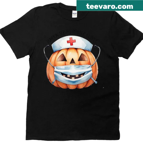 Oversized T-shirt with cartoon nurse, pumpkins, and rubber gloves