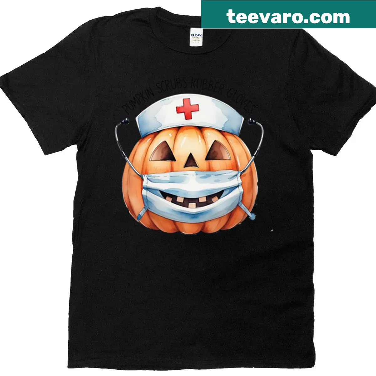 Oversized T-shirt with cartoon nurse, pumpkins, and rubber gloves — on a men's t-shirt