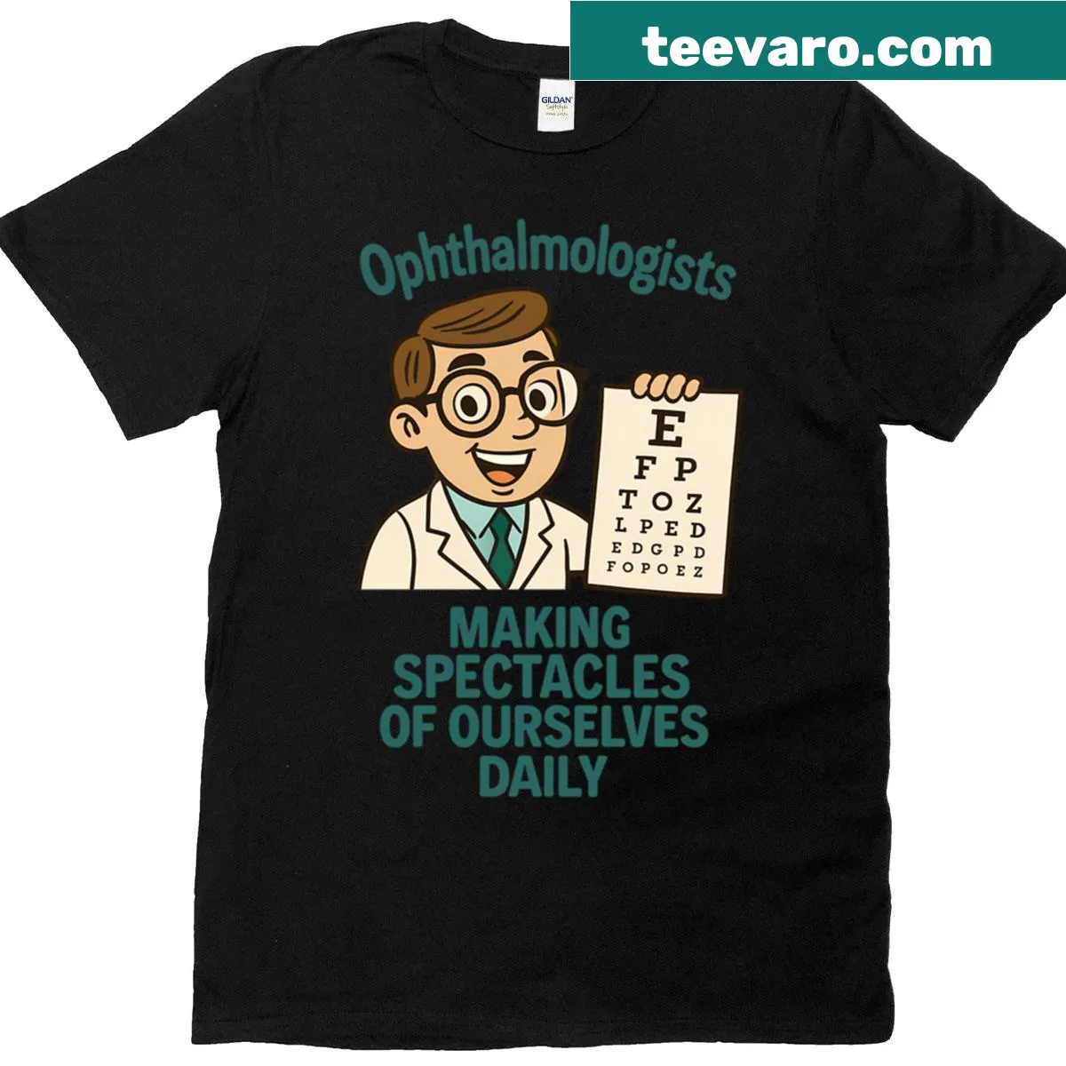 Retro cartoon T-shirt featuring a funny ophthalmologist design — on a men's t-shirt