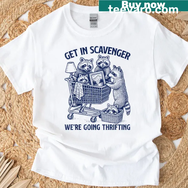 Whimsical raccoon-themed t-shirt featuring thrifting humor