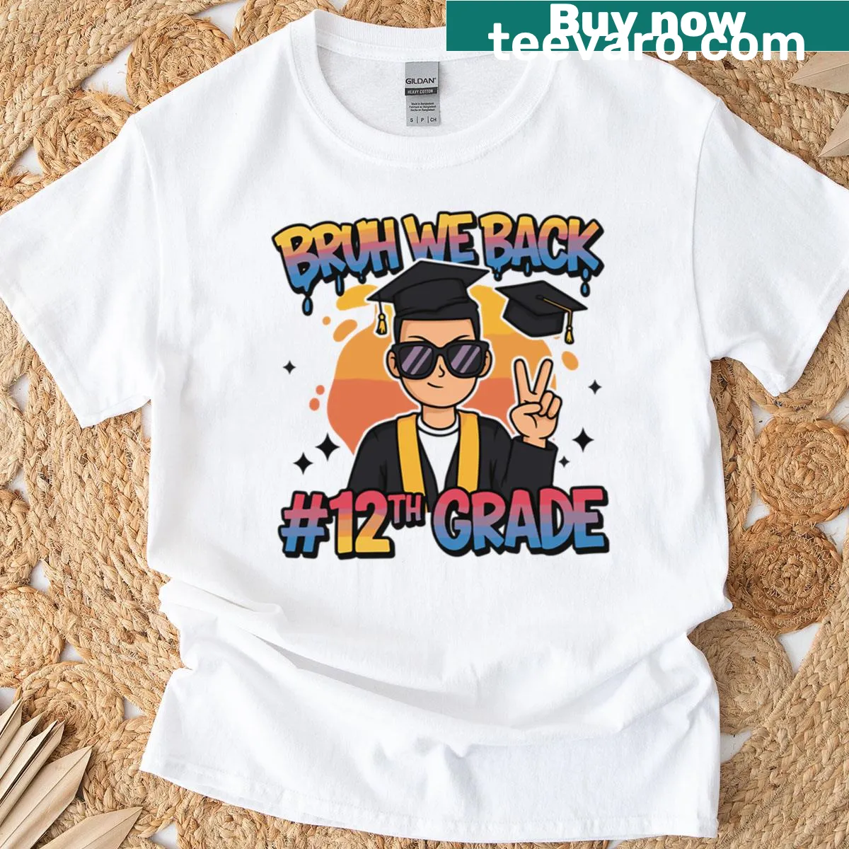 Illustrative T-shirt with 'Bruh We Back' text for senior students — on a men's t-shirt
