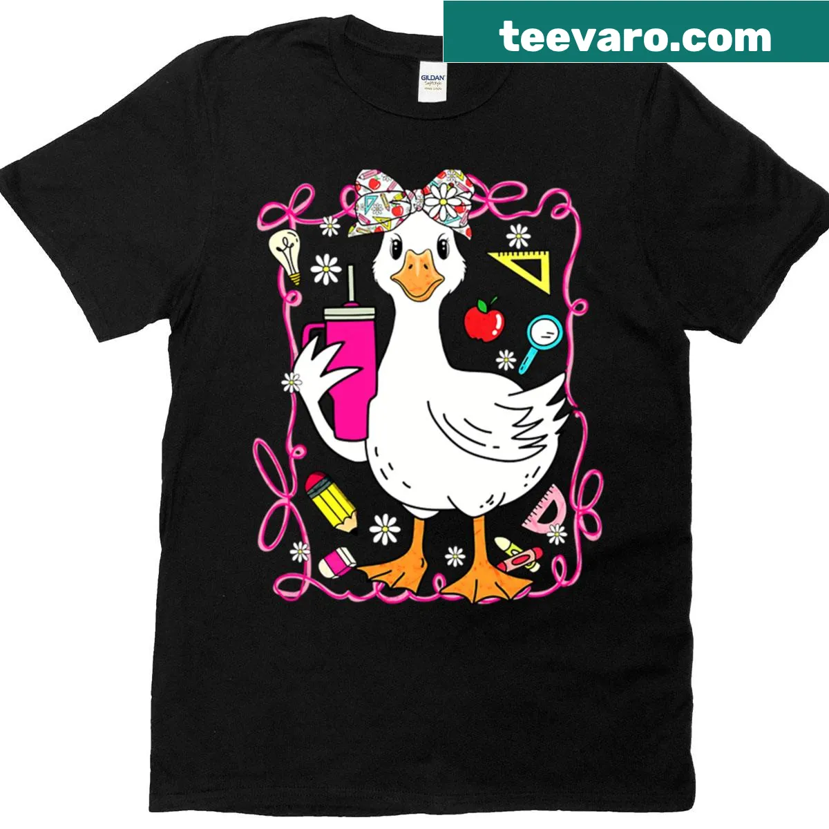 Cute goose holding a tumbler illustration on a teacher t-shirt — on a men's t-shirt