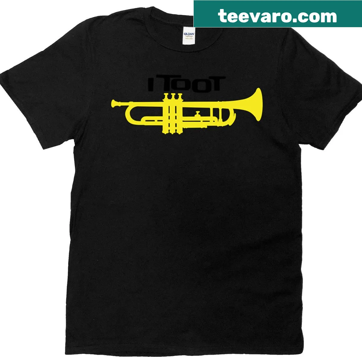 Funny trumpet-themed t-shirt with playful 'I Toot' text — on a men's t-shirt