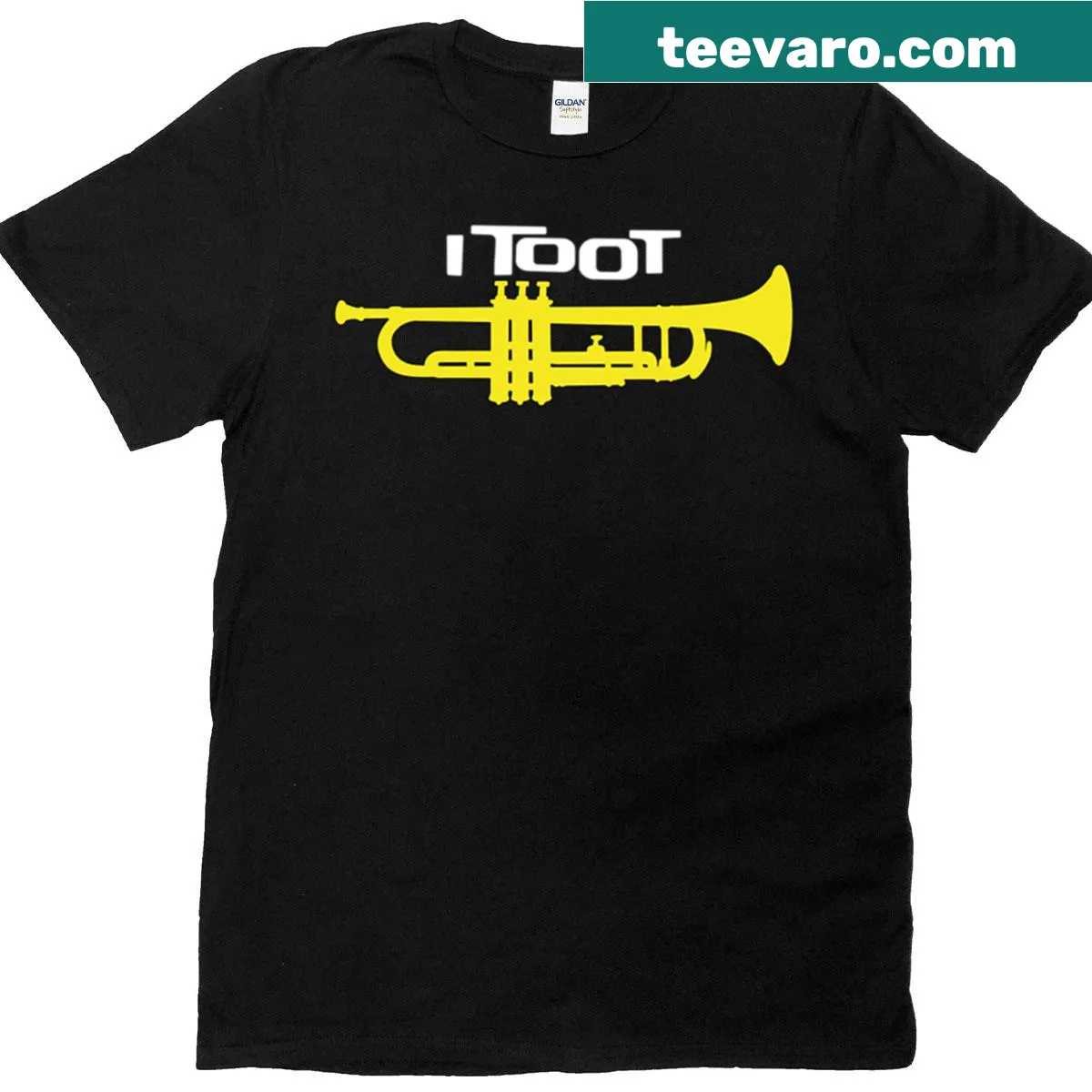 White t-shirt with humorous 'I Toot' trumpet quote design — on a men's t-shirt