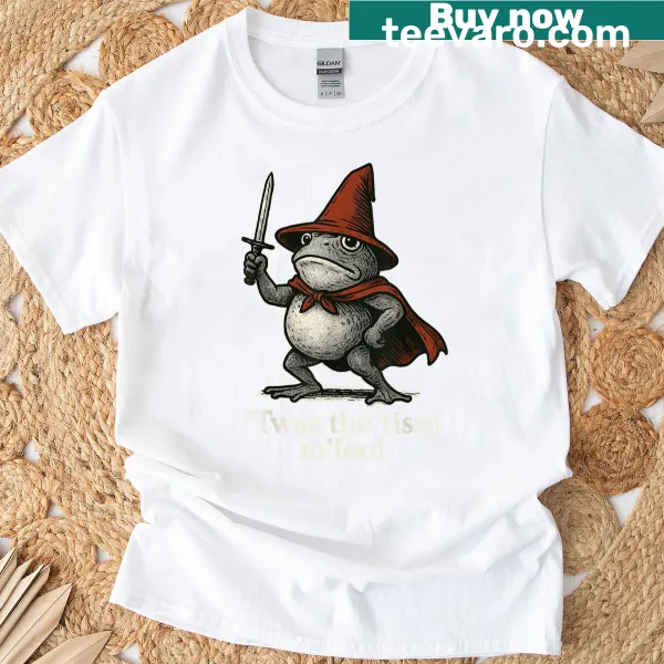 Cartoon knight frog t-shirt with humorous medieval-themed text