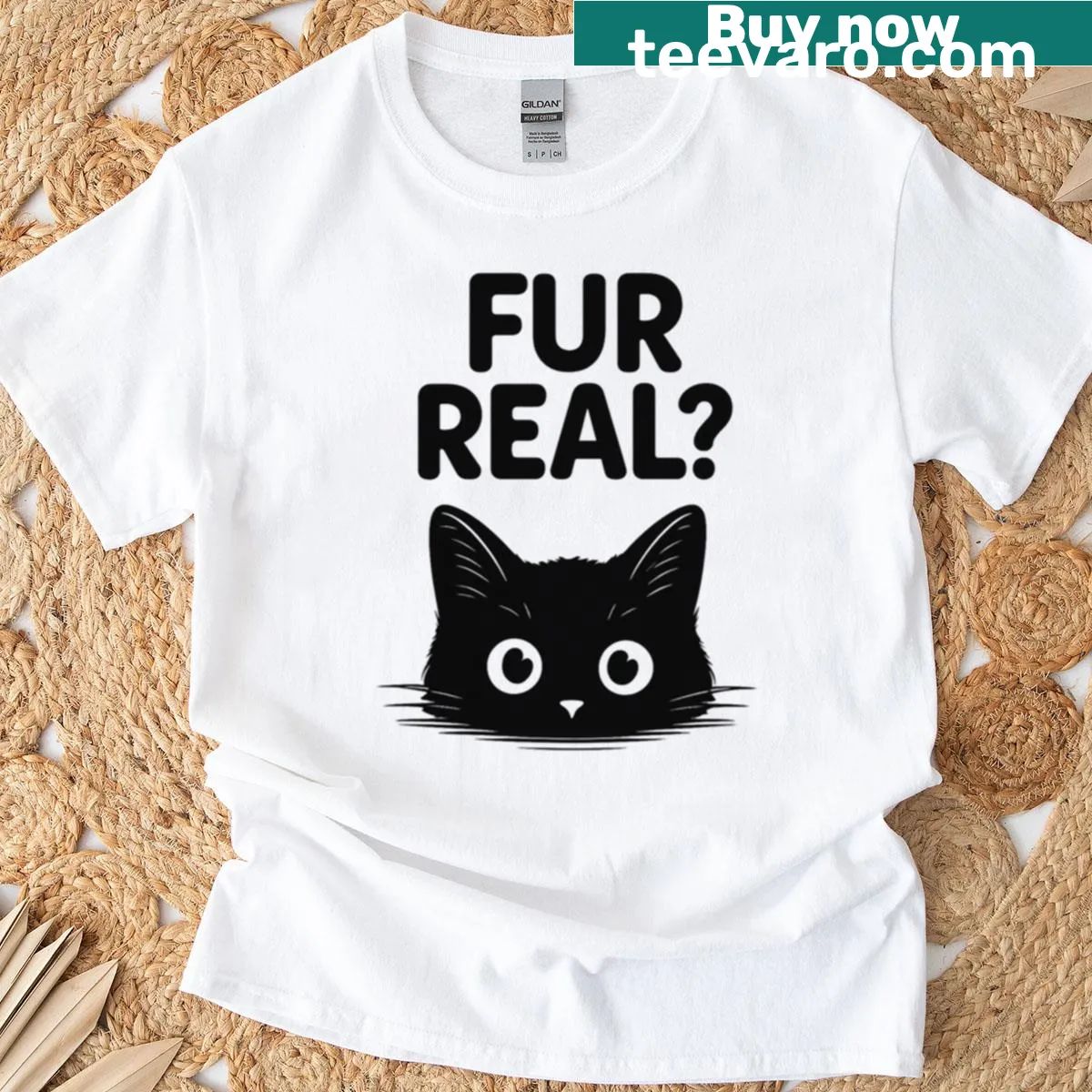 T-shirt featuring a funny cat pun with a black kitten illustration — on a men's t-shirt