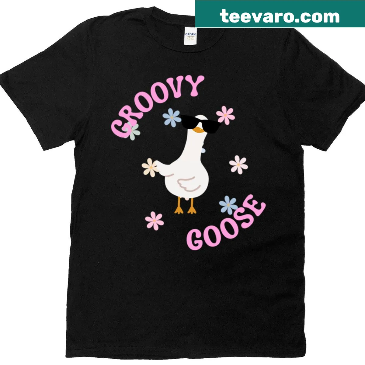 Cartoon graphic of a silly goose on a tee — on a men's t-shirt