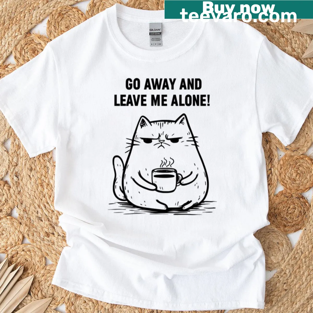 Funny cat art t-shirt featuring a grumpy cat and coffee design — on a men's t-shirt
