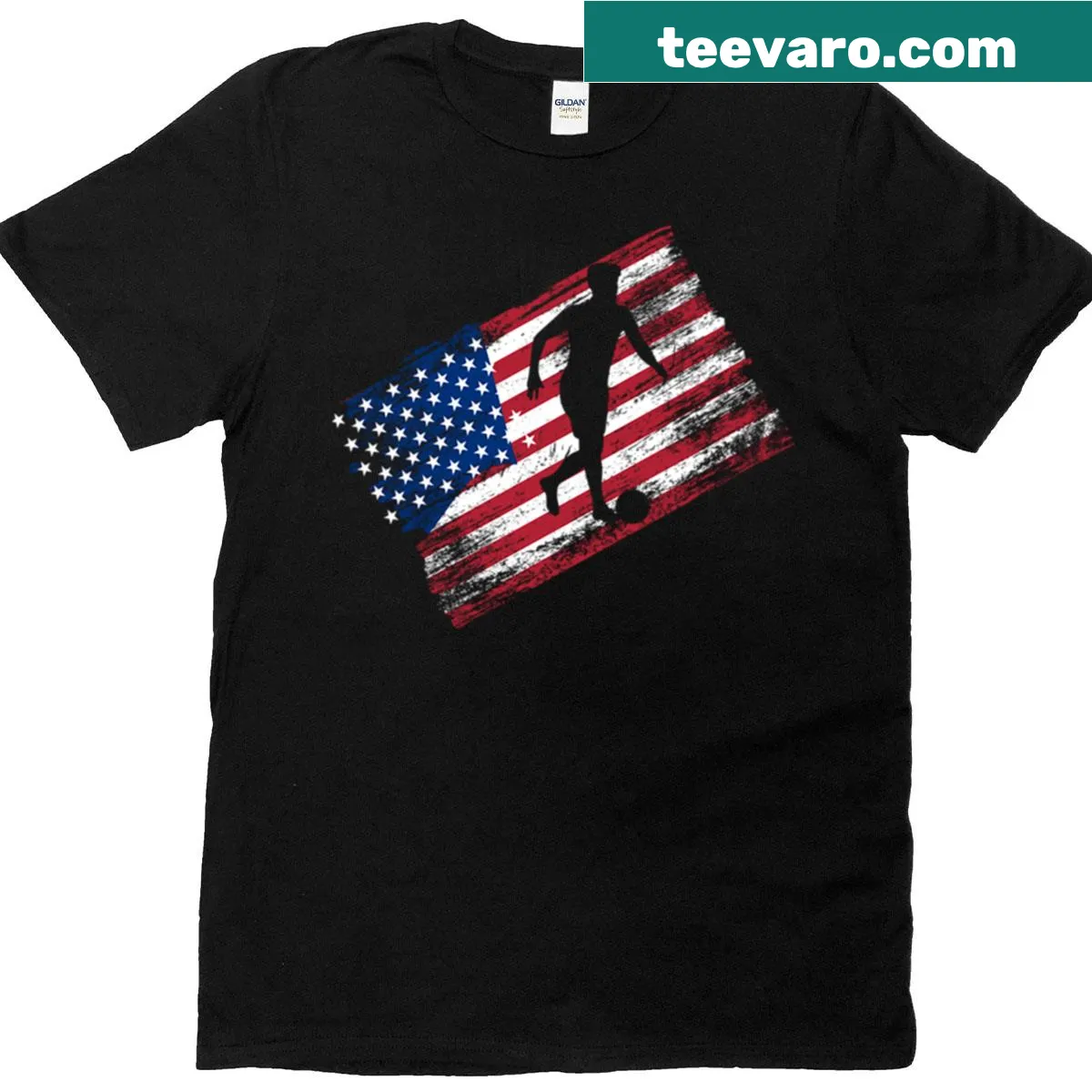 Grunge USA flag and soccer player silhouette graphic t-shirt. — on a men's t-shirt