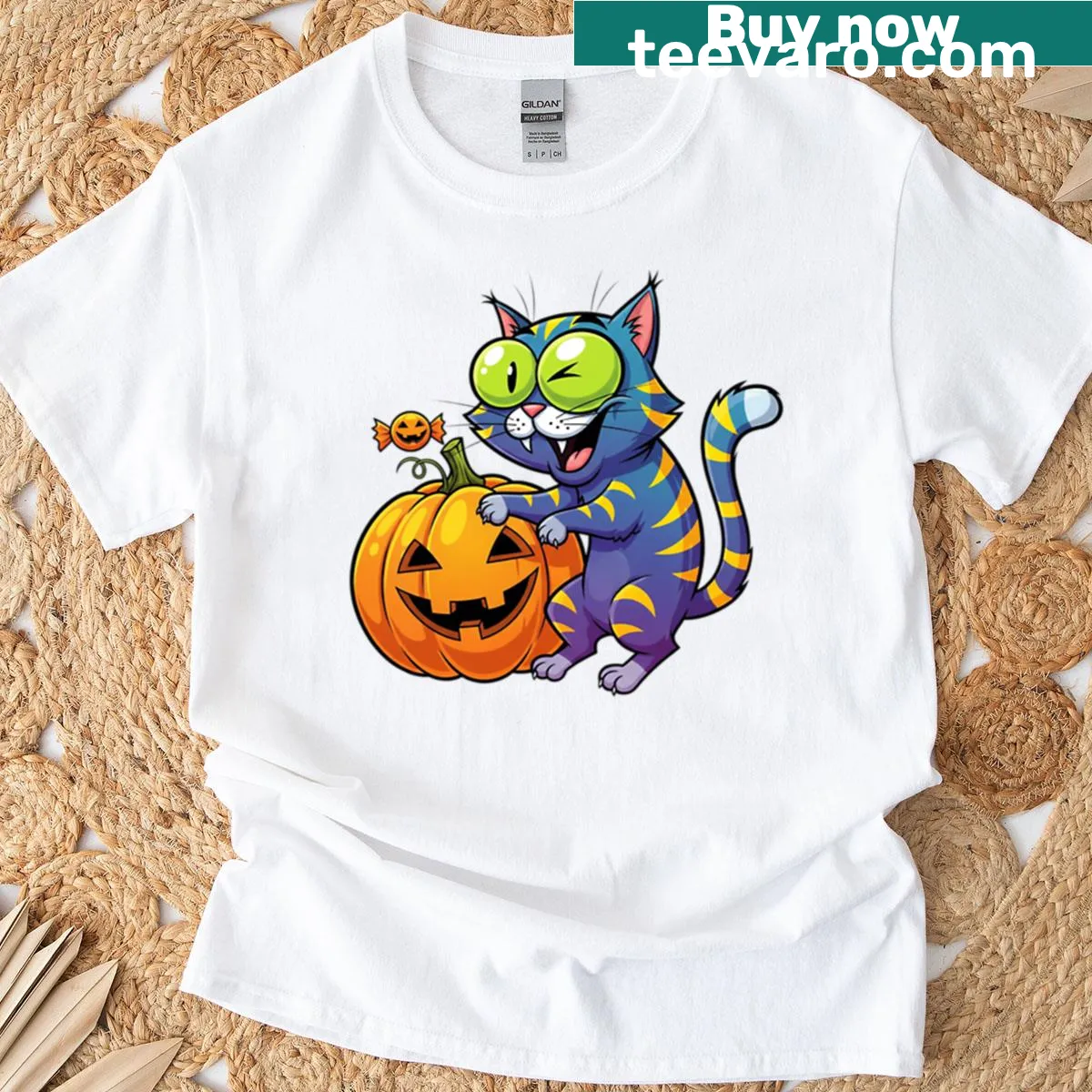 Cute Halloween cat graphic T-shirt with a spooky design — on a men's t-shirt