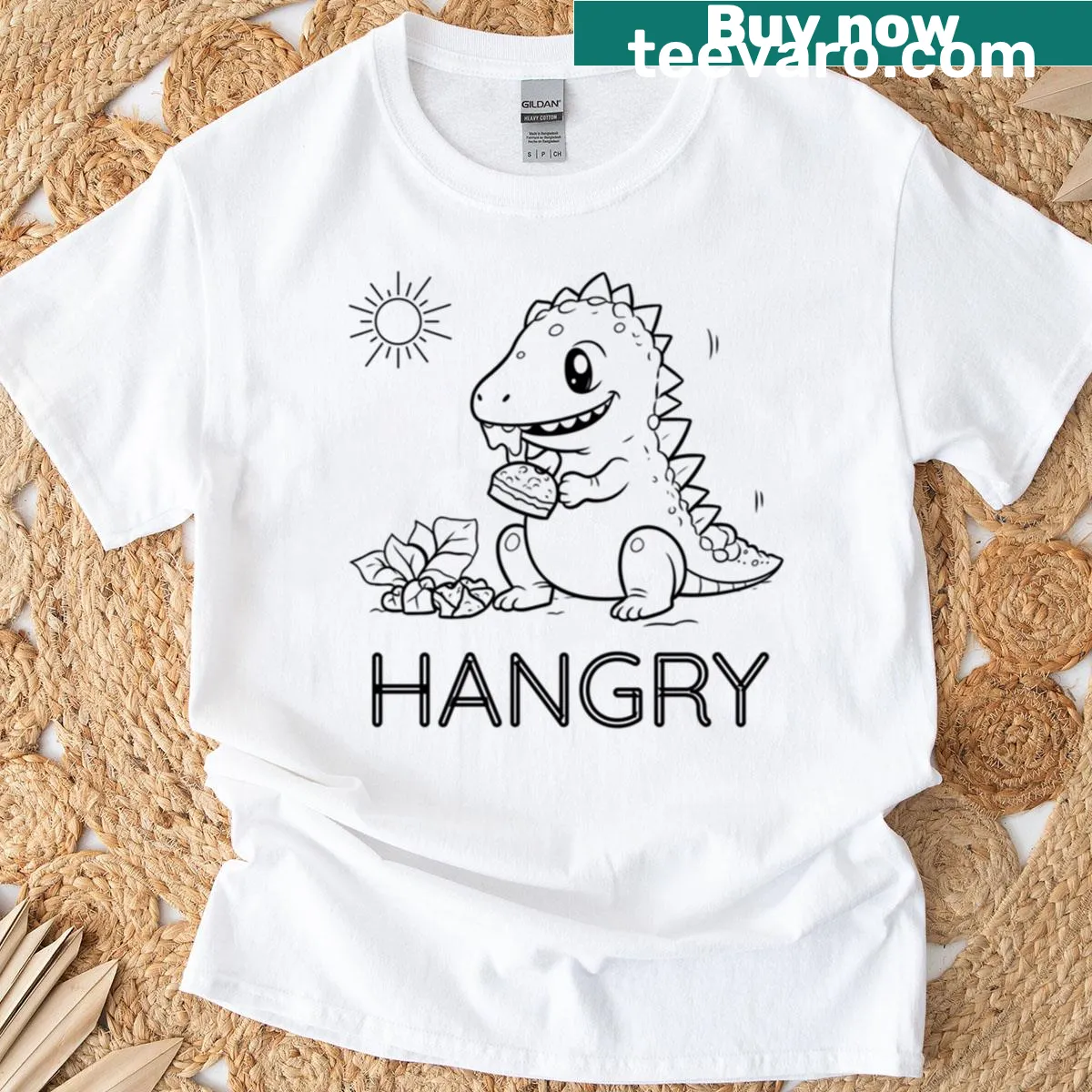 Cute hangry dinosaur graphic on an oversized T-shirt — on a men's t-shirt