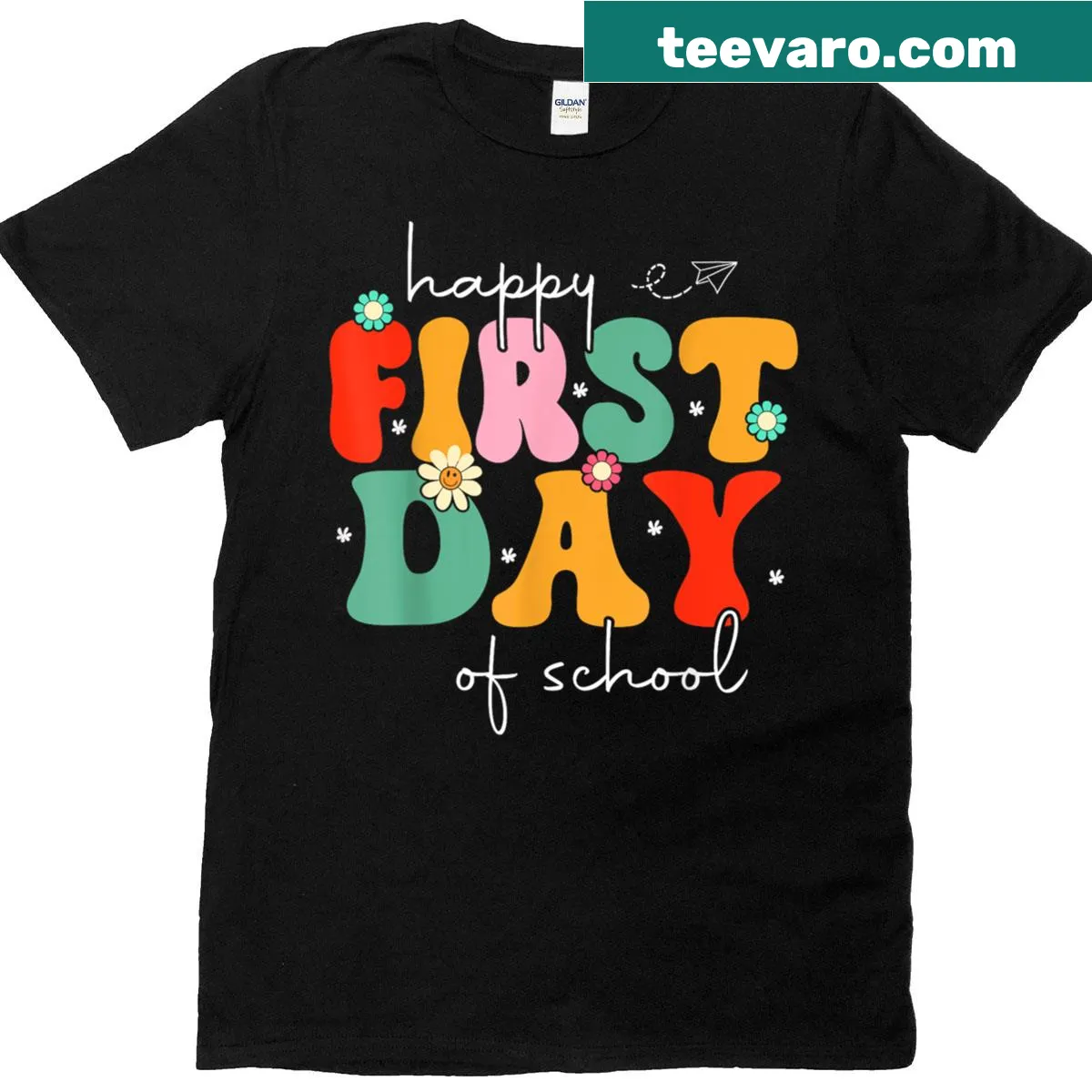 T-shirt celebrating the first day of school with cheerful text — on a men's t-shirt