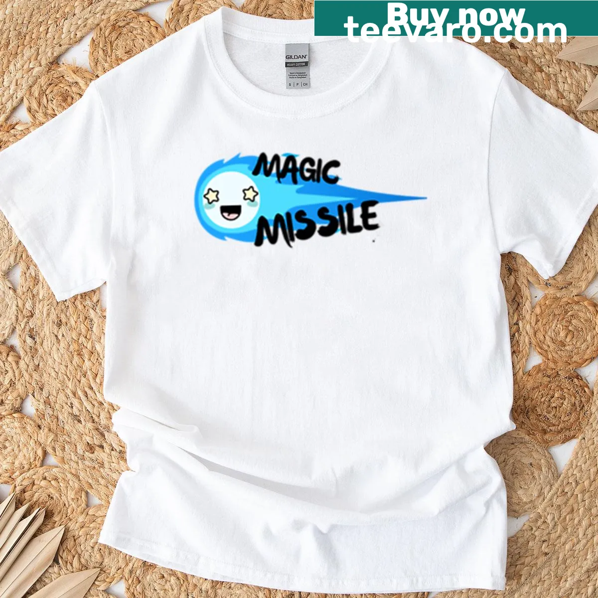 Playful graphic T-shirt featuring a magic missile for gamers — on a men's t-shirt