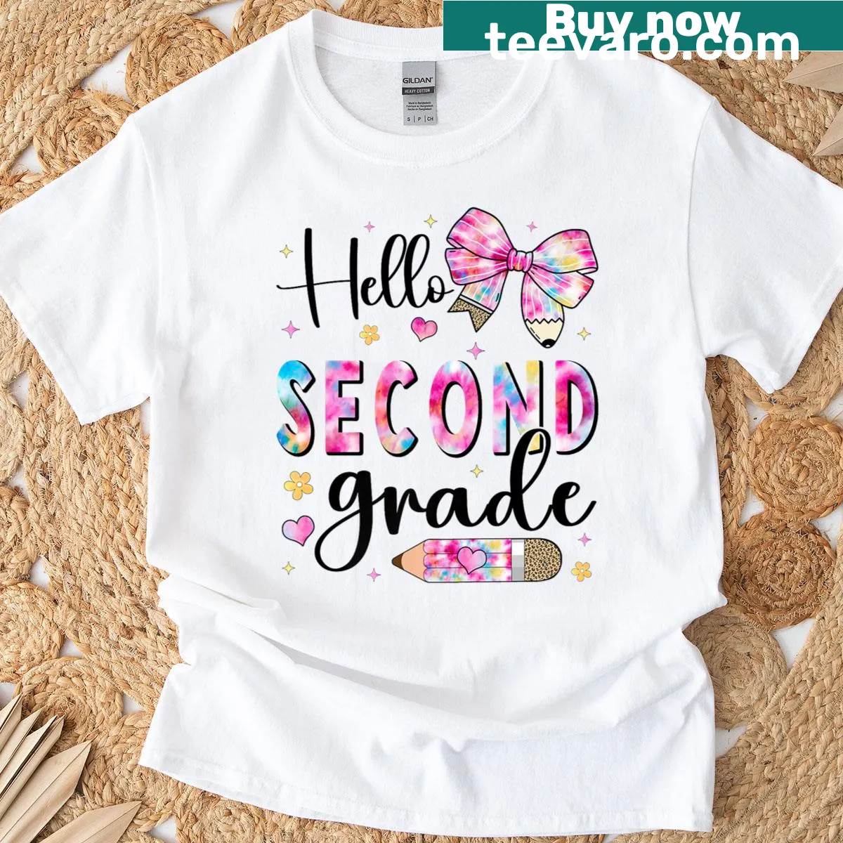 Hello Second Grade graphic with pencils and bows for kids — on a men's t-shirt