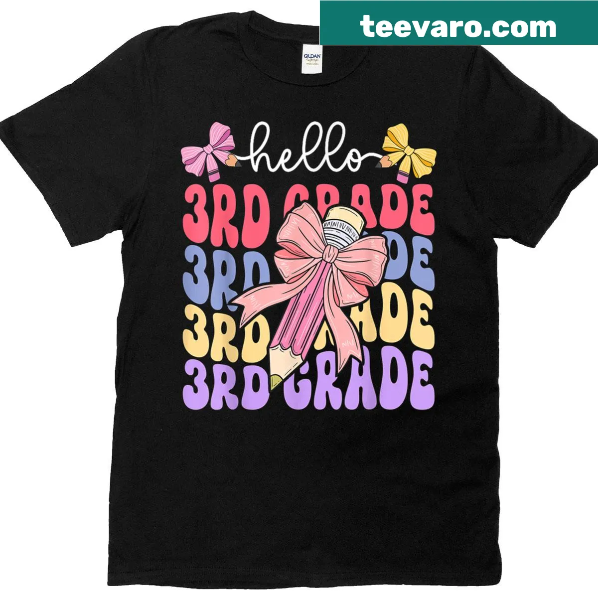Back to school T-shirt featuring Hello Third Grade design with bows — on a men's t-shirt