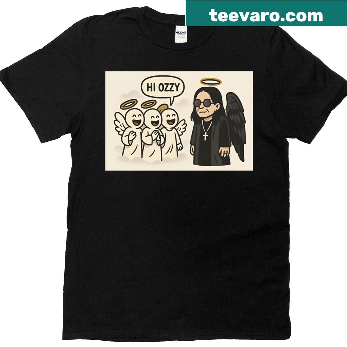 Illustrated tribute t-shirt featuring an angelic design for Ozzy — on a men's t-shirt