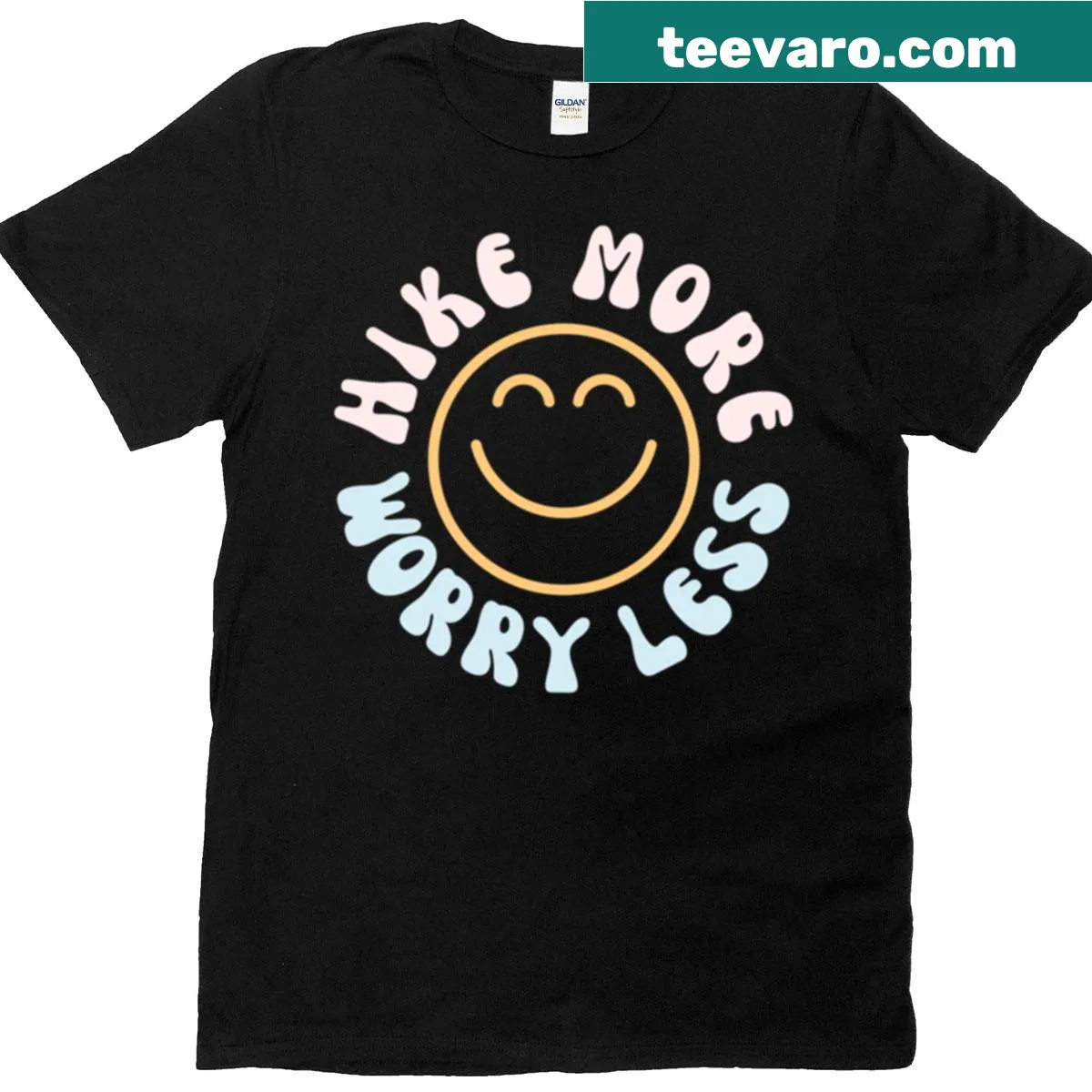 Motivational hiking t-shirt with 'Hike More Worry Less' text — on a men's t-shirt