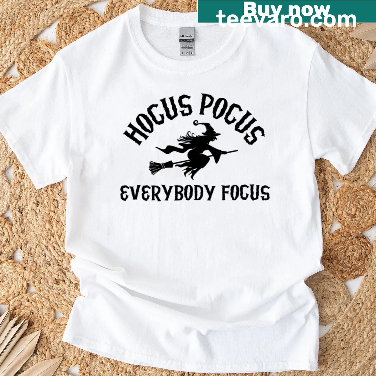 Whimsical graphic with 'Hocus Pocus Everybody Focus' on a T-shirt — on a men's t-shirt