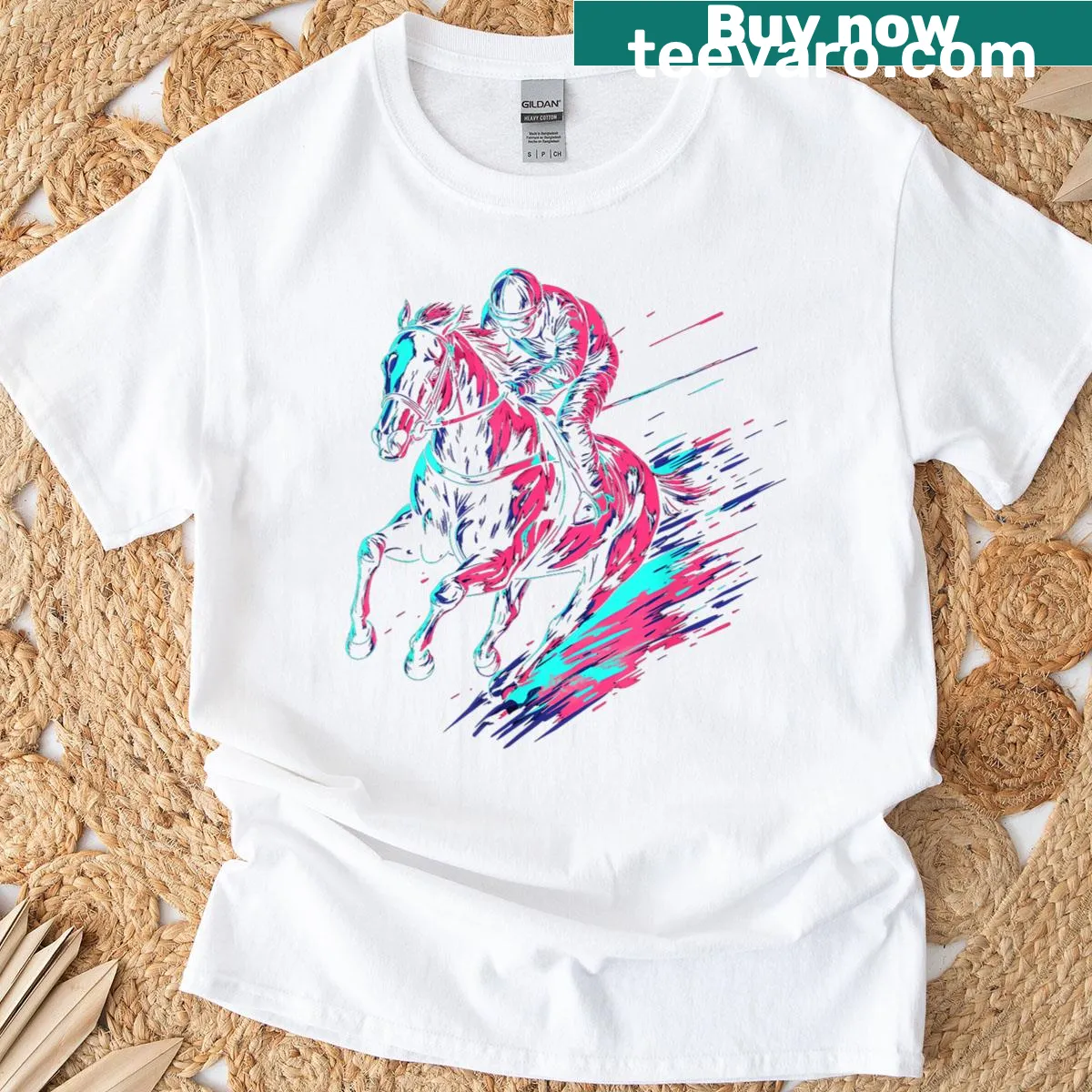 Vintage graphic T-shirt featuring jockeys and racehorses for horse racing fans. — on a men's t-shirt