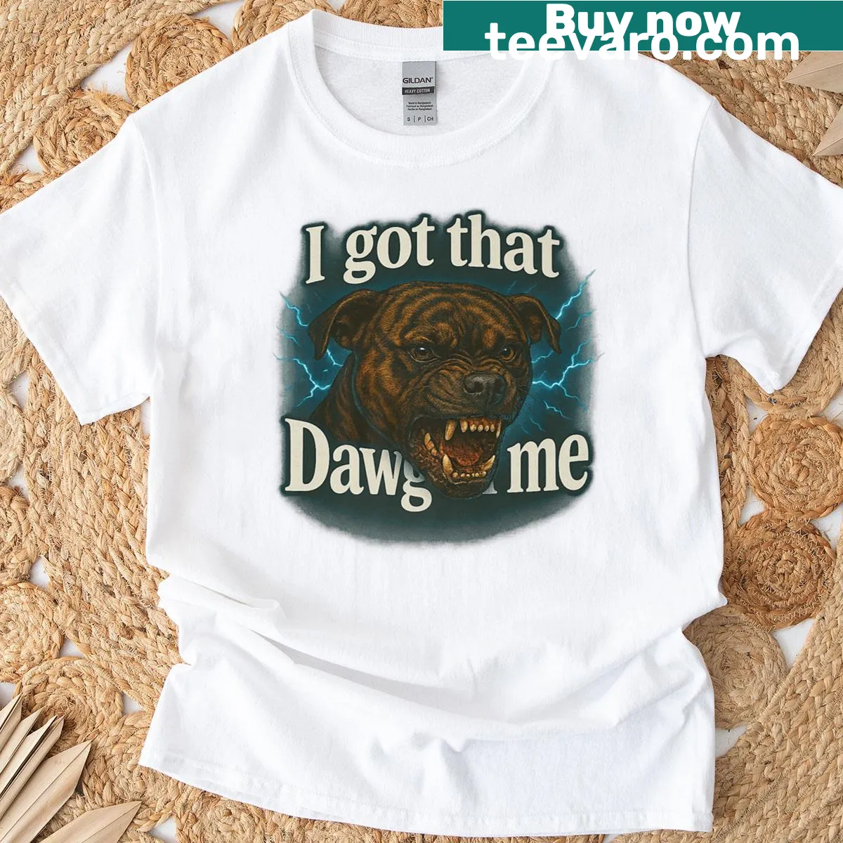 Meme T-shirt featuring Staffordshire dog humor — on a men's t-shirt