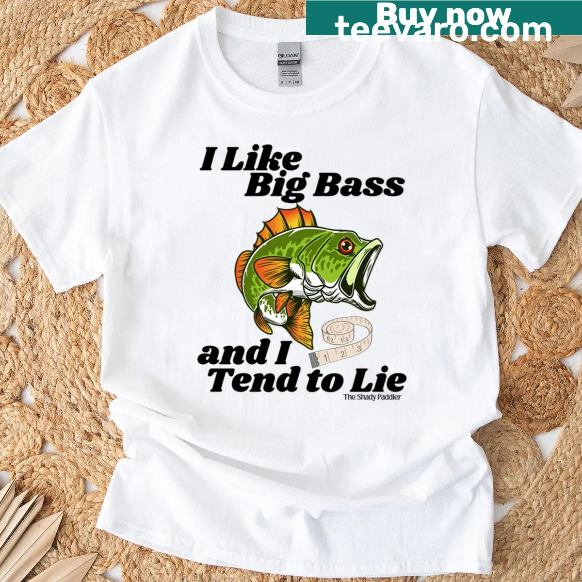 Funny fishing t-shirt with bold text about big bass and lying — on a men's t-shirt