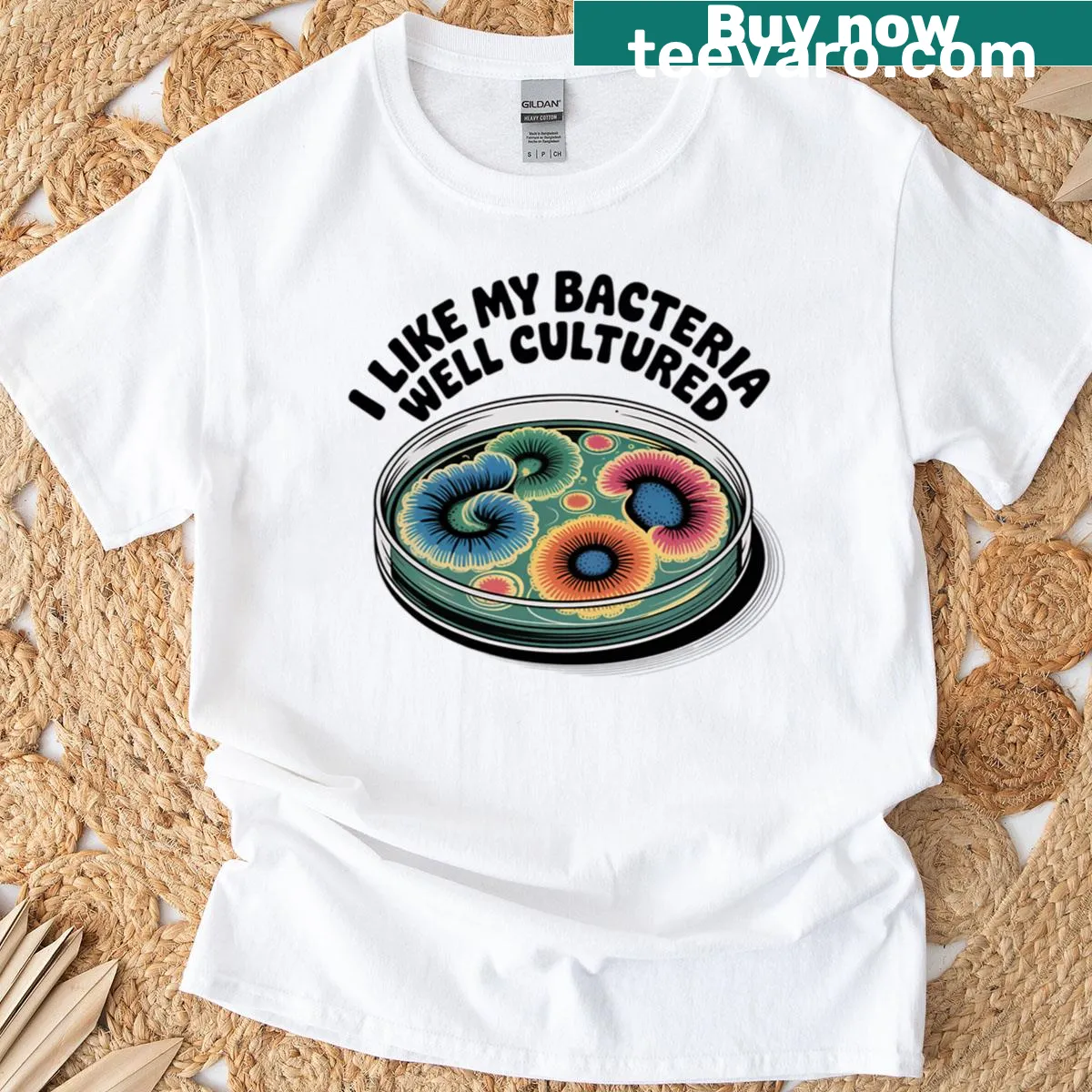 Funny microbiology pun t-shirt with cultured bacteria graphic — on a men's t-shirt