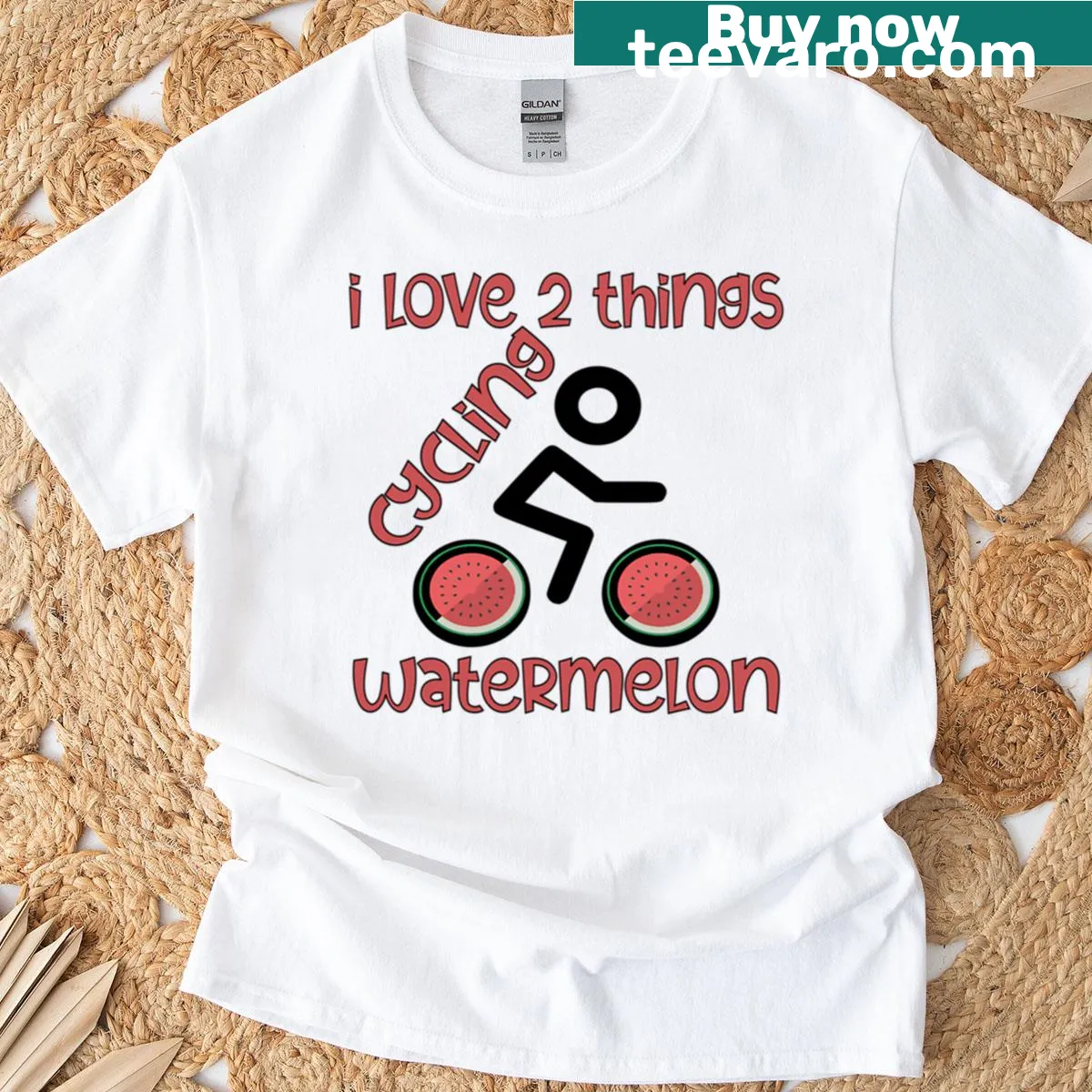 T-shirt featuring cycling and watermelon graphics and text — on a men's t-shirt