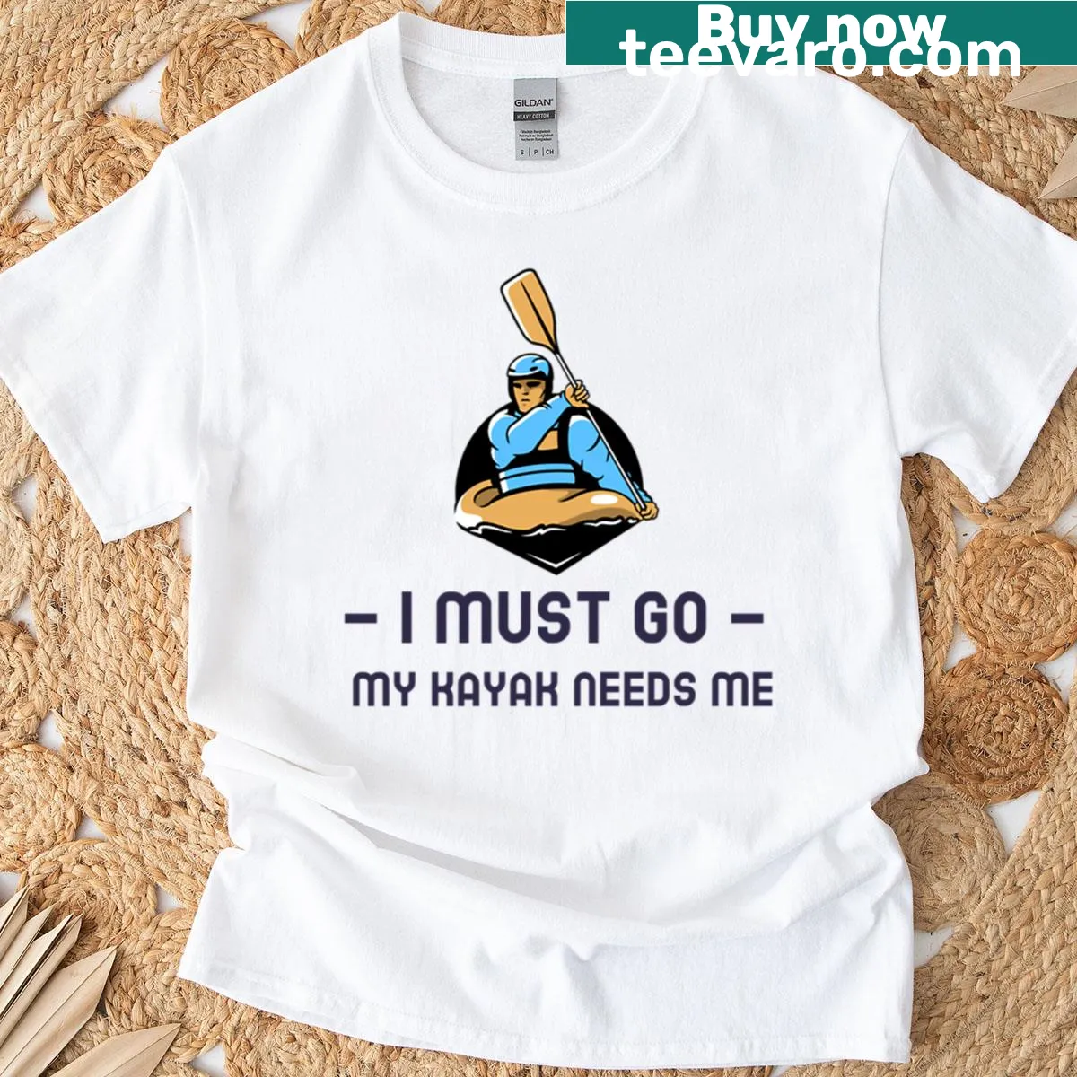 Illustrative kayak graphic with text on a casual t-shirt — on a men's t-shirt