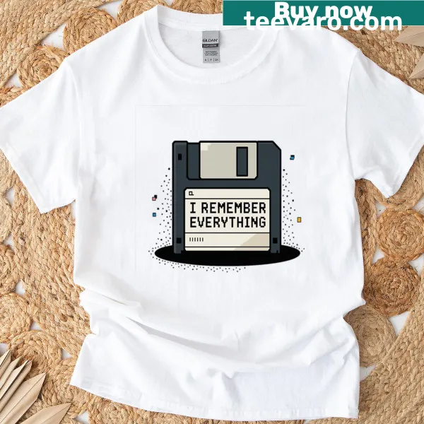 Retro floppy disk pixel art on a nostalgic T-shirt