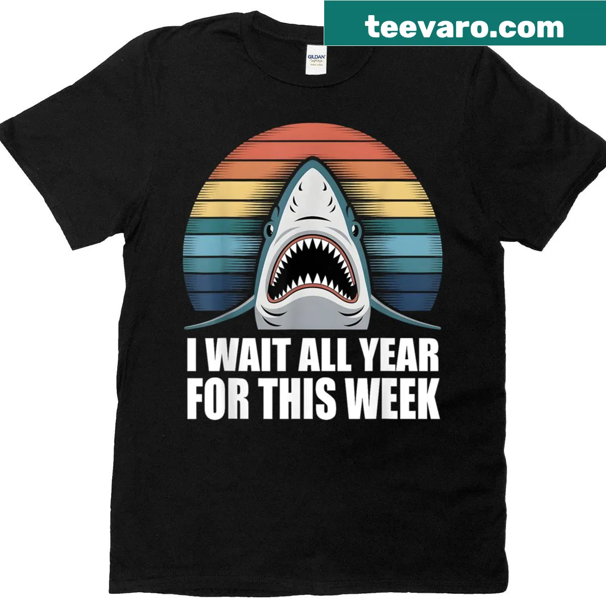 Illustrated T-shirt with a shark sunset design — on a men's t-shirt