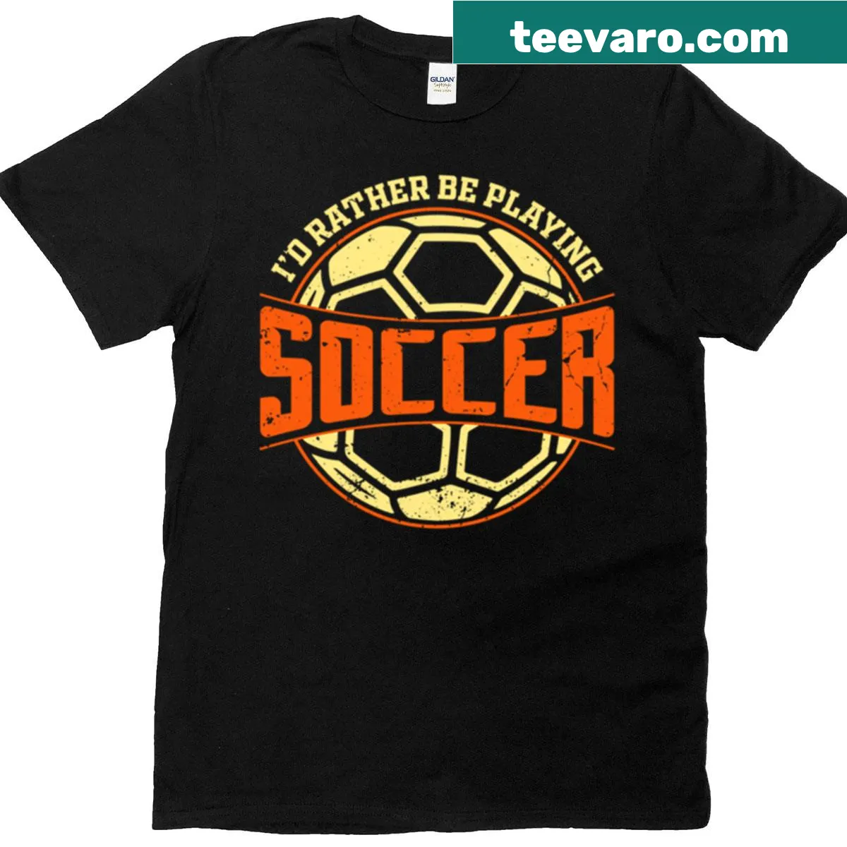 Soccer-themed T-shirt stating 'I’d Rather Be Playing Soccer' — on a men's t-shirt