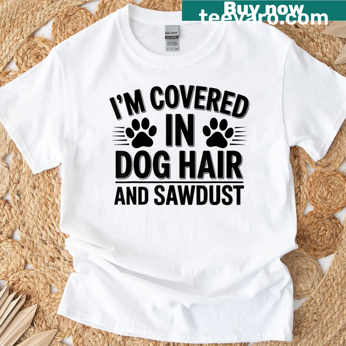 Funny t-shirt highlighting dog hair and sawdust for pet lovers. — on a men's t-shirt