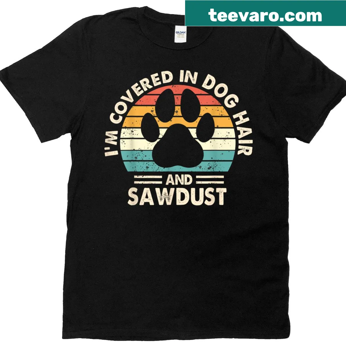 Vintage-style t-shirt for woodworkers featuring dog hair and sawdust theme — on a men's t-shirt