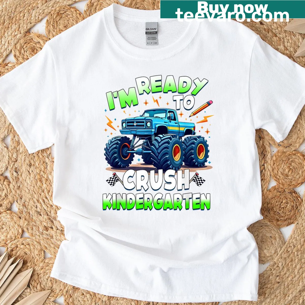 Boys t-shirt with the phrase 'I'm Ready To Crush Kindergarten' and monster truck graphic — on a men's t-shirt