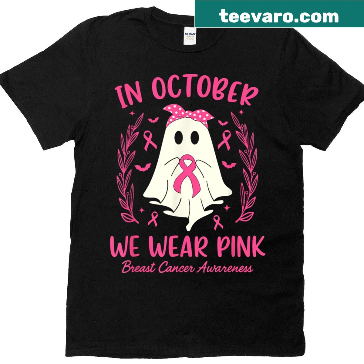 Halloween-themed t-shirt promoting breast cancer awareness with pink text — on a men's t-shirt