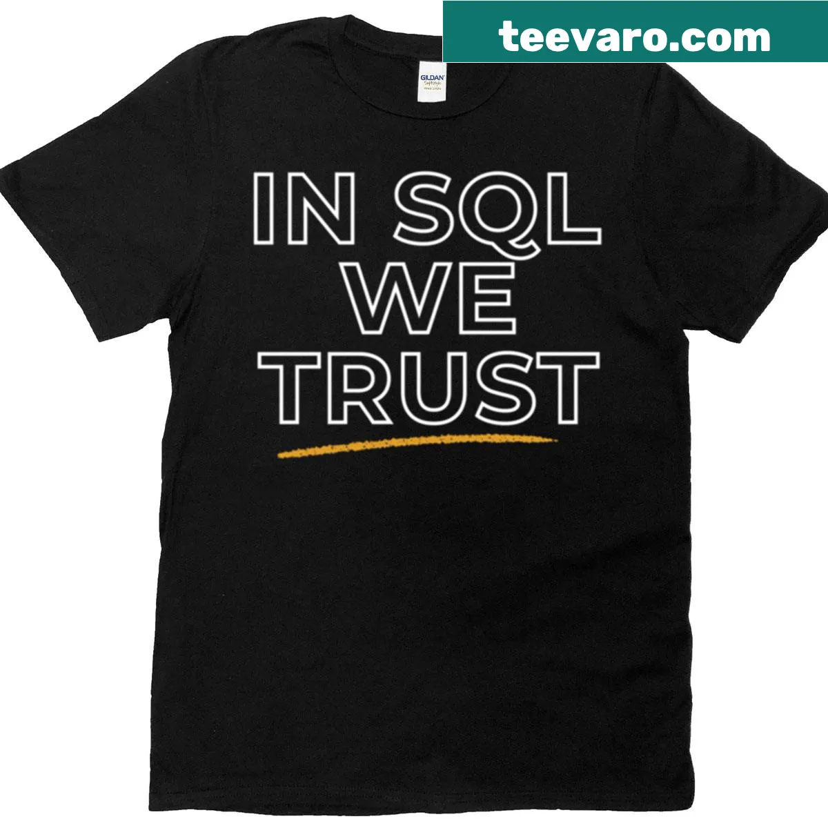 Minimalist t-shirt with the phrase 'In SQL We Trust' for programmers — on a men's t-shirt