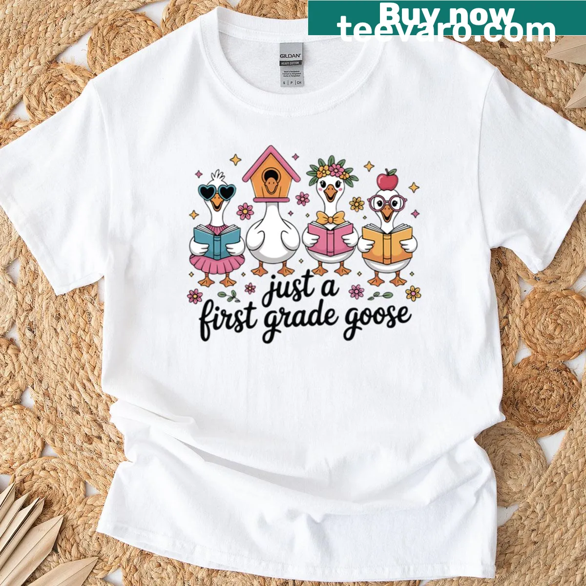 Cute coquette goose illustration for back to school on a t-shirt — on a men's t-shirt
