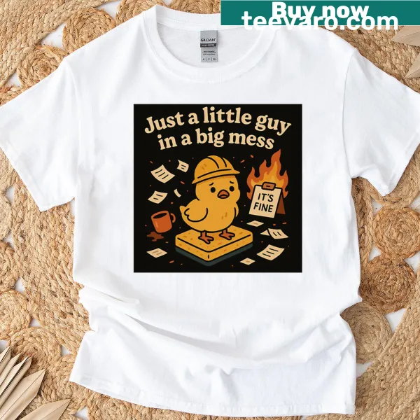 Cute cartoon of a little guy in a big mess on a t-shirt