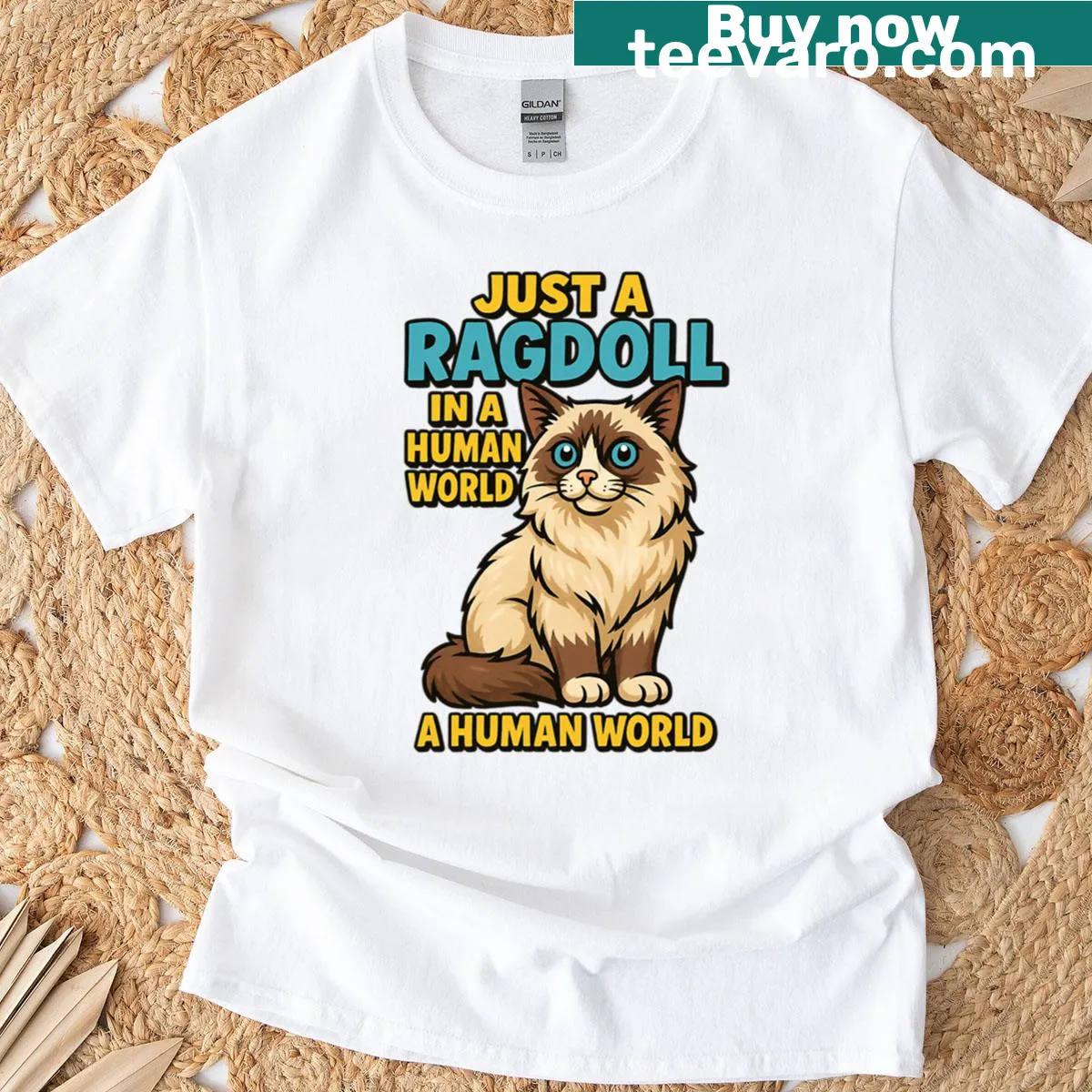 Cartoon design of a Ragdoll cat on a cute comic T-shirt — on a men's t-shirt