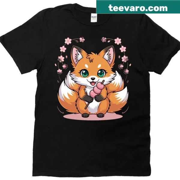 Kawaii fox holding dango cartoon design on a t-shirt