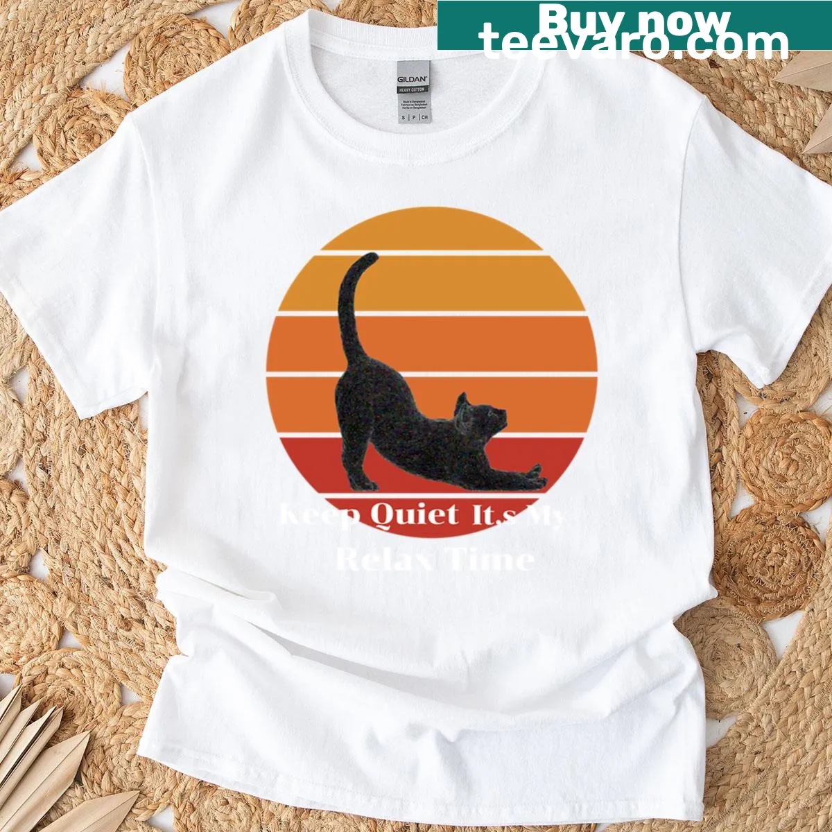 Retro cat sunset graphic on a relaxing t-shirt — on a men's t-shirt