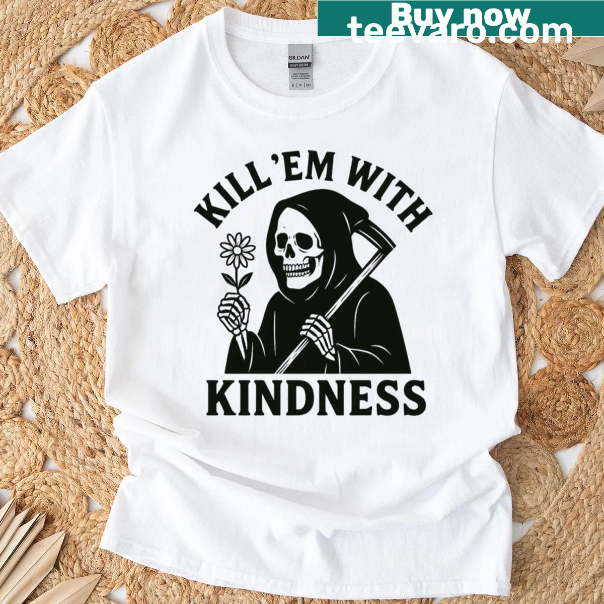 Funny oversized T-shirt with a grim reaper illustration — on a men's t-shirt