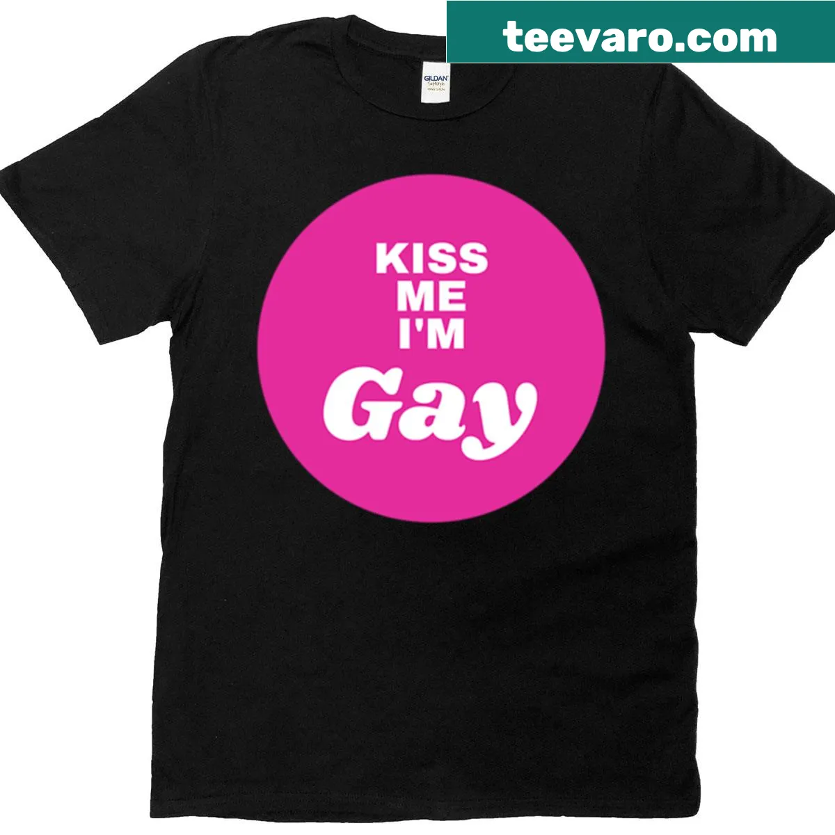 Oversized 'Kiss Me I'm Gay' text design on a t-shirt — on a men's t-shirt